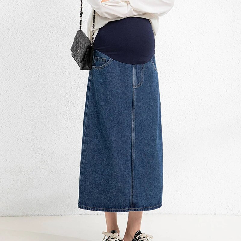 Jesenske korejske modne traper suknje za trudnice s rasporima sa strane, elastična odjeća za struk i trbuh za trudnice, ležerne trudničke haljine