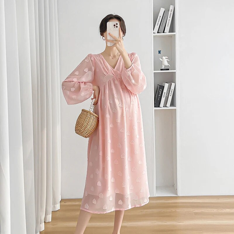 Kevad-sügis pikkade varrukatega rasedatele mõeldud Dobby šifoonist kahekihiline kleit rasedatele naistele rannakleit, magus rasedus-puhkuseriided