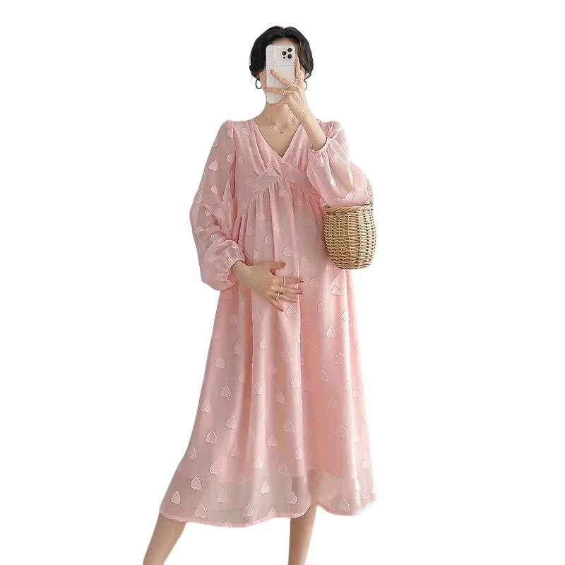 Kevad-sügis pikkade varrukatega rasedatele mõeldud Dobby šifoonist kahekihiline kleit rasedatele naistele rannakleit, magus rasedus-puhkuseriided