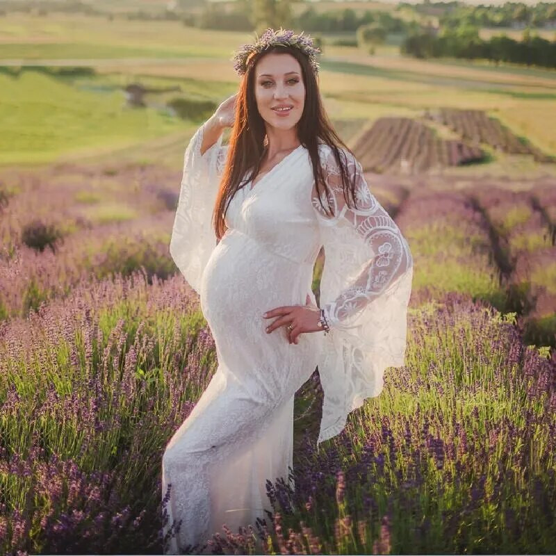 Terhesség kiszélesedő ujjú csipke hímzés kismama ruha fotózás kellékek ruhák fotózás Maxi ruha terhes női ruhák