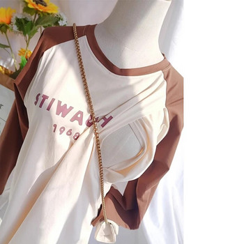95% βαμβακερό λευκό με Navy μακρυμάνικο μπλουζάκι με λαιμόκοψη για το σπίτι Ρούχα εγκύων 6070B