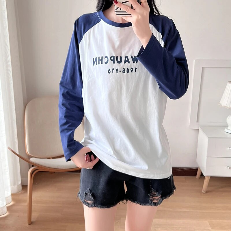 95% βαμβακερό λευκό με Navy μακρυμάνικο μπλουζάκι με λαιμόκοψη για το σπίτι Ρούχα εγκύων 6070B