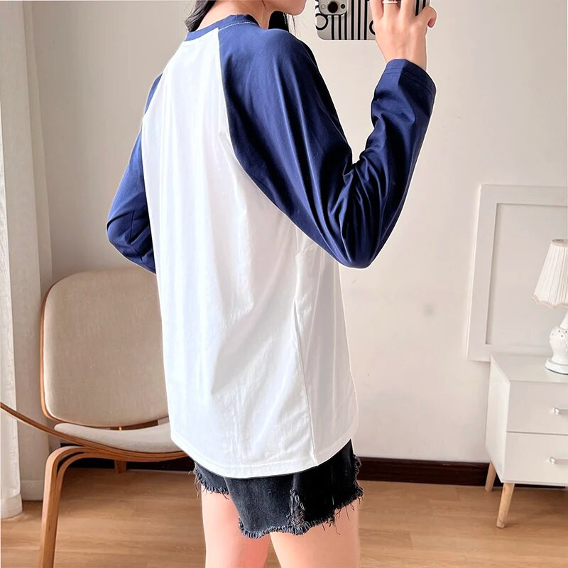 95% βαμβακερό λευκό με Navy μακρυμάνικο μπλουζάκι με λαιμόκοψη για το σπίτι Ρούχα εγκύων 6070B