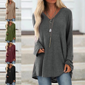 U trendu jesen 2022. Jednobojna, ležerna, široka majica s V-izrezom srednje dužine, široka majica s dugim rukavima, odjeća za trudnice