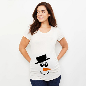 Коледна тениска за бременни жени Тениска с щампи на снежен човек Карикатура Обява за бременност Дрехи за бременни Бяло горнище с къс ръкав