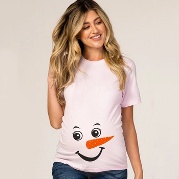 Коледна тениска за бременни жени Тениска с щампи на снежен човек Карикатура Обява за бременност Дрехи за бременни Бяло горнище с къс ръкав