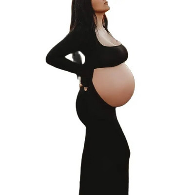 Черни секси издълбани рокли за бременни с дълъг ръкав и квадратна яка, фотографски реквизит, макси рокля, облекло за бременни жени