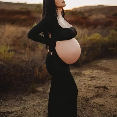 Mustad seksikad õõnsad rasedakleidid pikkade varrukatega kandiline krae seljata fotograafia rekvisiidid Maxi kleit Rasedate riided