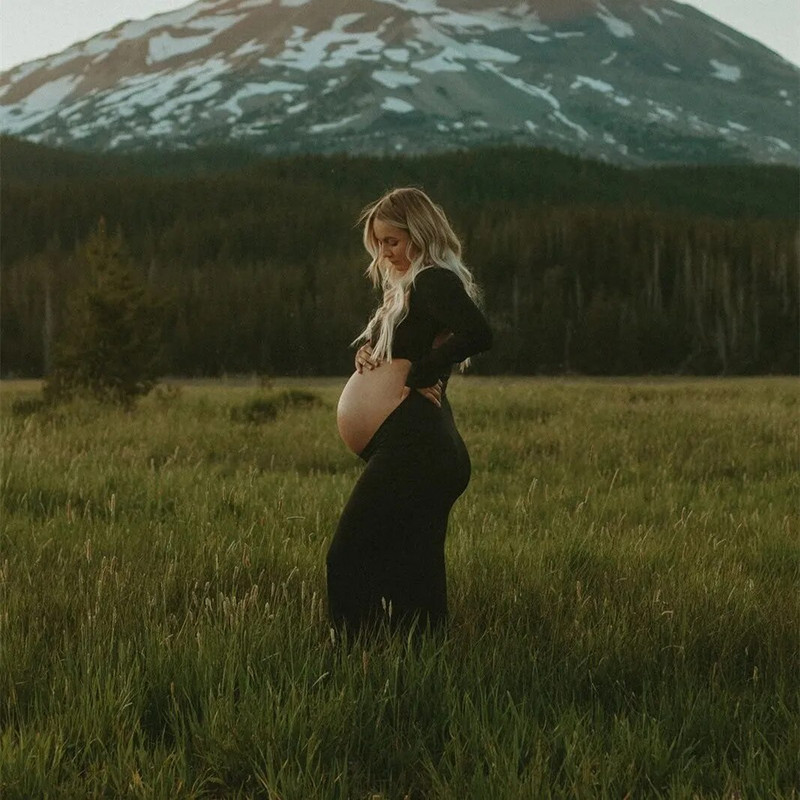 Mustad seksikad õõnsad rasedakleidid pikkade varrukatega kandiline krae seljata fotograafia rekvisiidid Maxi kleit Rasedate riided