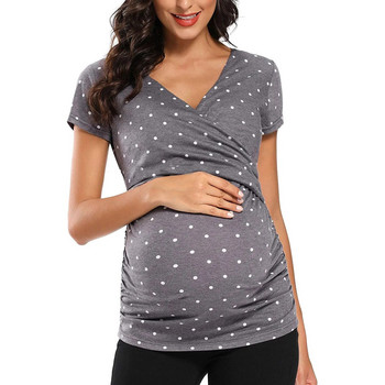 Дрехи за бременни Дамски горнища Облекло за кърмене Premama Tee Лятна тениска с къс ръкав за бременни, Плисирана отстрани отворена тениска за бременност