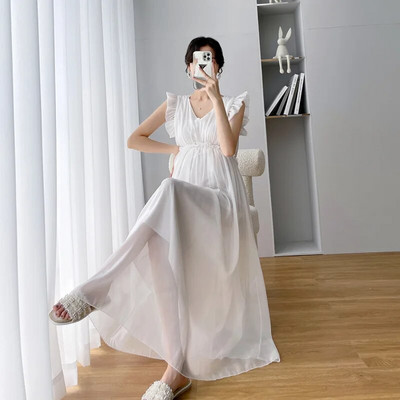 CARECODE Elegáns kismama ruhák Fotózás terhes nők nyári egyszínű ujjatlan V-nyakú, hosszú strand sifon ruha