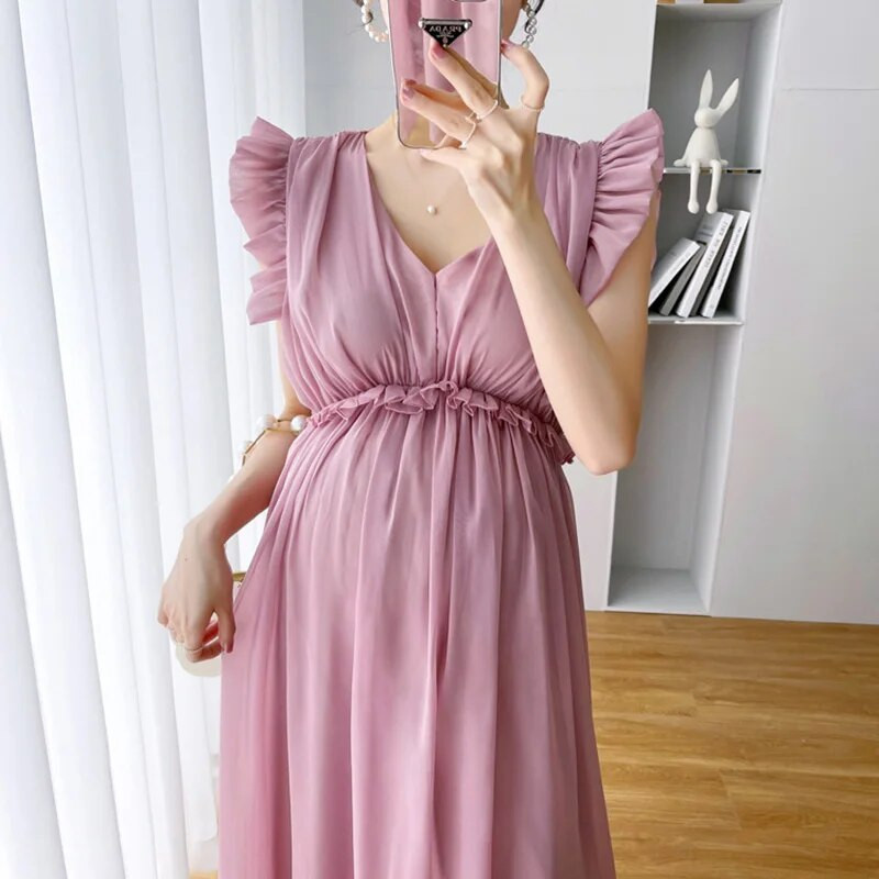 CARECODE Elegáns kismama ruhák Fotózás terhes nők nyári egyszínű ujjatlan V-nyakú, hosszú strand sifon ruha