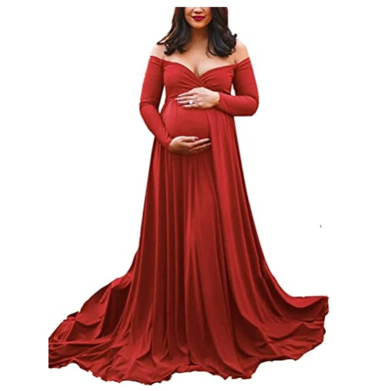 Nova modna pamučna udobna jednobojna jednobojna haljina s otvorenim ramenima za trudnice s V-izrezom, trudničke haljine za fotografiranje