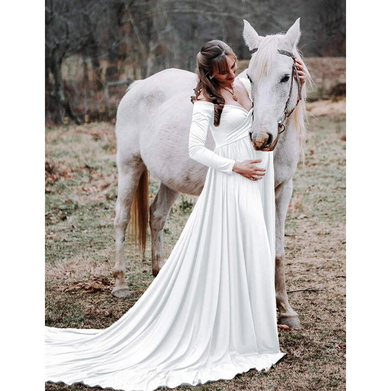 Nova modna pamučna udobna jednobojna jednobojna haljina s otvorenim ramenima za trudnice s V-izrezom, trudničke haljine za fotografiranje