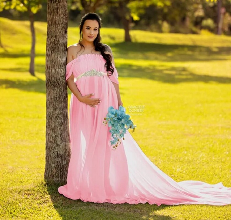 Trudničke haljine za fotografiranje Žene Trudnice Rekviziti za trudničku fotografiju Jednobojna haljina s volanima s otvorenim ramenima Jednobojna haljina za trudnice