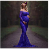 Női csipke terhes női egysoros galléros tömör akril hosszú ruha fényképezés hosszú ujjú ruha