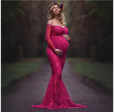 Női csipke terhes női egysoros galléros tömör akril hosszú ruha fényképezés hosszú ujjú ruha