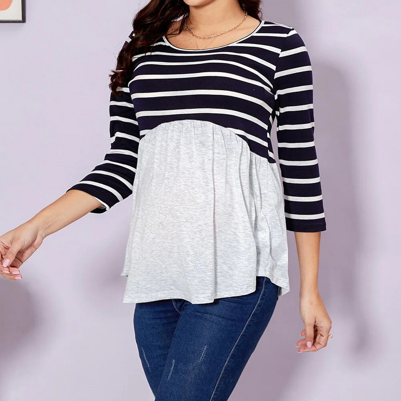 Modna široka suknja za trudnice proljeće i jesen okrugli izrez prugasti šavovi široki gornji dio majice kratkih rukava trudnička pidžama haljina