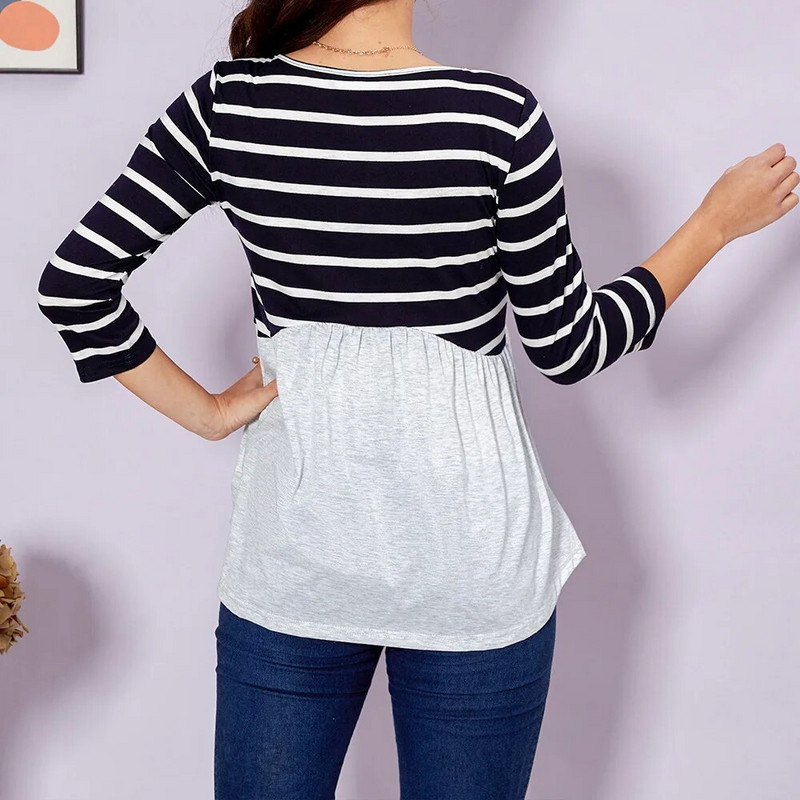 Modna široka suknja za trudnice proljeće i jesen okrugli izrez prugasti šavovi široki gornji dio majice kratkih rukava trudnička pidžama haljina