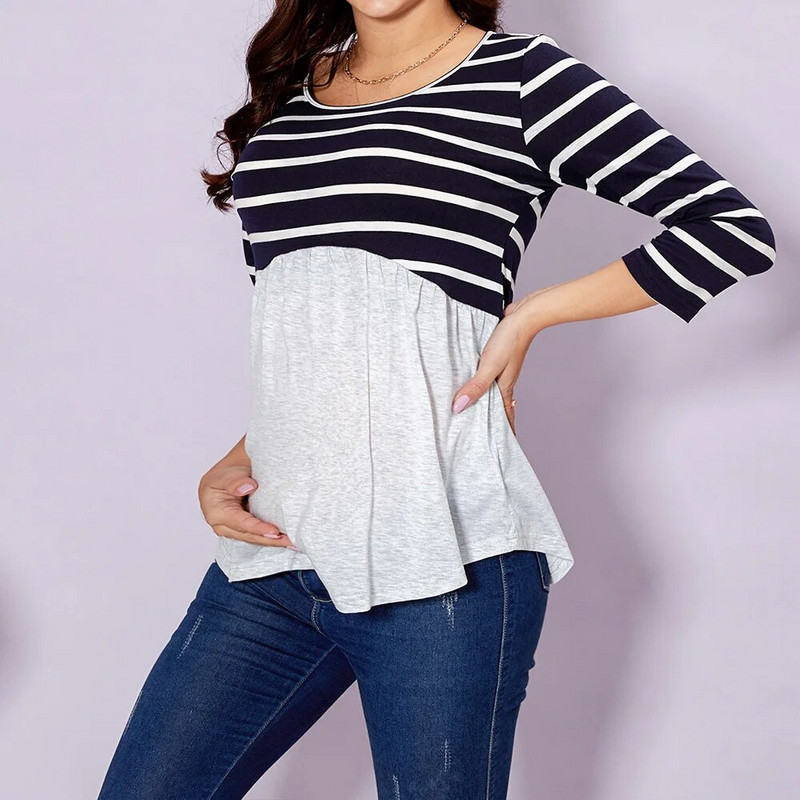 Modna široka suknja za trudnice proljeće i jesen okrugli izrez prugasti šavovi široki gornji dio majice kratkih rukava trudnička pidžama haljina