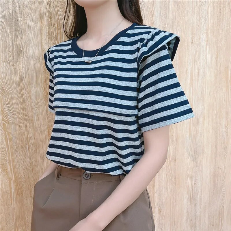 Trudnička odjeća s prugama s naboranim rukavima Majica za dojenje za trudnice Odjeća za dojenje Odjeća za trudnice 9227