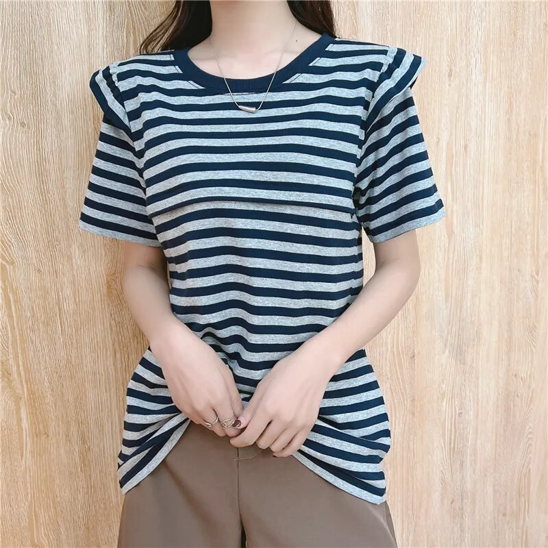 Trudnička odjeća s prugama s naboranim rukavima Majica za dojenje za trudnice Odjeća za dojenje Odjeća za trudnice 9227