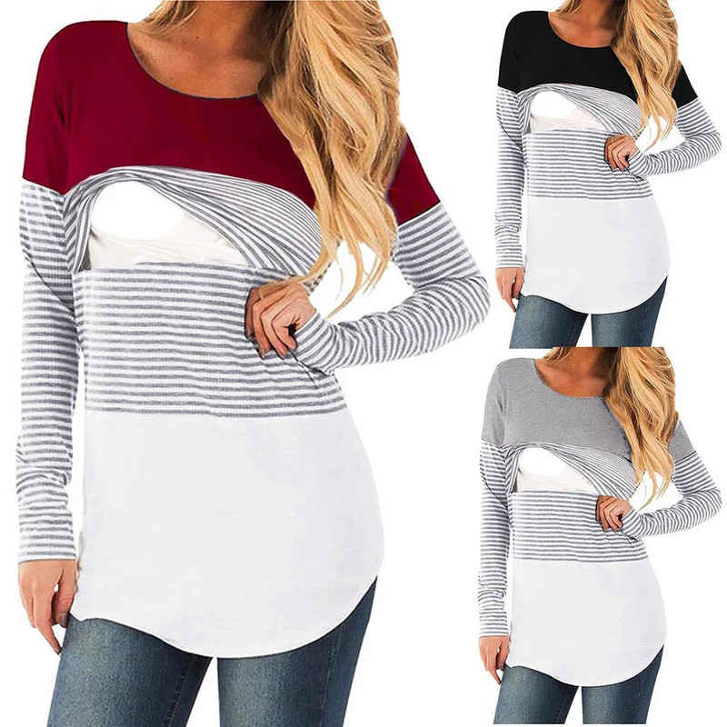 Nova ležerna odjeća za trudnice Majice za dojenje Majice kratkih rukava za trudnice koje doje Colorblock dugi rukavi