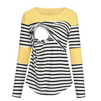 Дамска тениска за бременни Дрехи Летни есенни ивици с дълъг ръкав Горнище за кърмачки Ризи за кърмене Дрехи за бременни големи размери