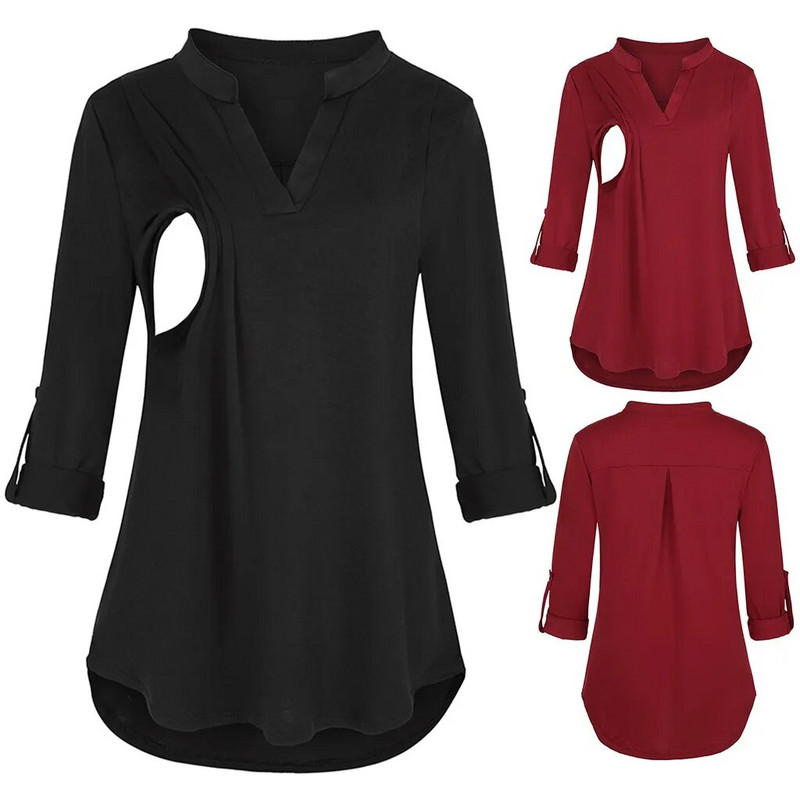 Sieviešu grūtnieču T-krekls grūtniecēm ar garām piedurknēm vienkrāsains barošanas topi Blūze zīdīšanas vestidos