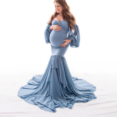 Sellő kismama ruha fotózás Vállról leválasztott terhességi maxi ruha babazuhanyozáshoz fotózásra Terhes női ruházat