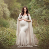 Kismama fotózási kellékek Sifon fodros ujjú halfarkú szoknya Fényképezési fotózás ruha nőknek Boho terhes ruha