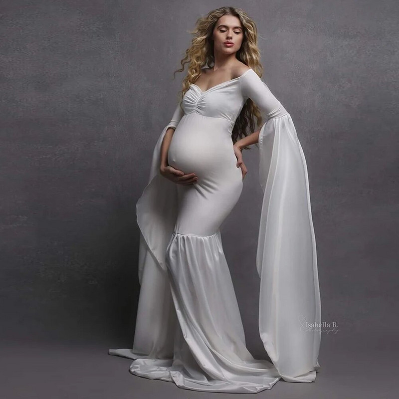 Kismama fotózási kellékek Sifon fodros ujjú halfarkú szoknya Fényképezési fotózás ruha nőknek Boho terhes ruha