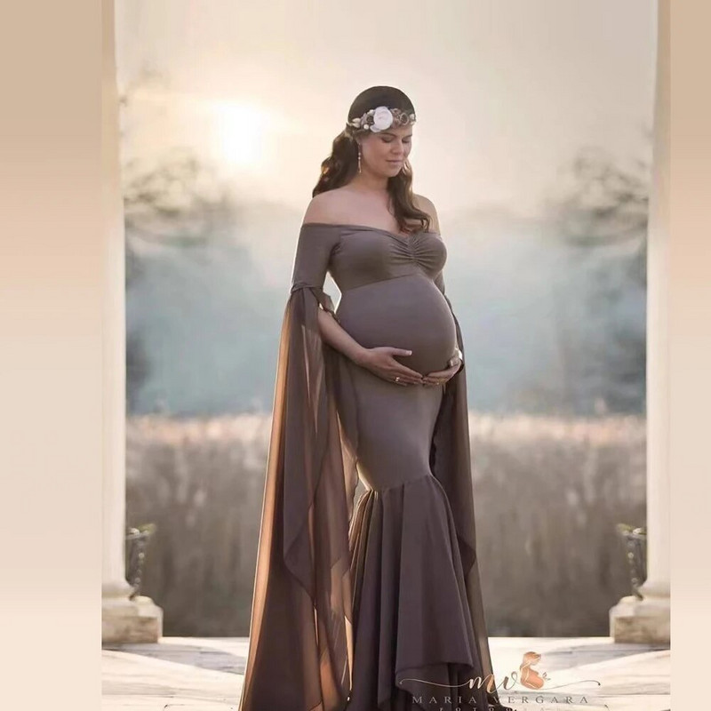 Kismama fotózási kellékek Sifon fodros ujjú halfarkú szoknya Fényképezési fotózás ruha nőknek Boho terhes ruha