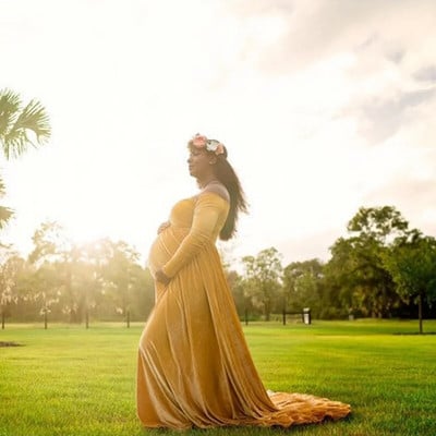 Baršunasta haljina za trudnice Ženska zimska haljina s dugim rukavima i bez ramena Ženski ogrtač Premama Maxi Večernje haljine za zabavu za fotografiranje