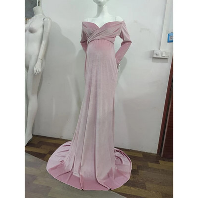 Baršunasta haljina za trudnice Ženska zimska haljina s dugim rukavima i bez ramena Ženski ogrtač Premama Maxi Večernje haljine za zabavu za fotografiranje