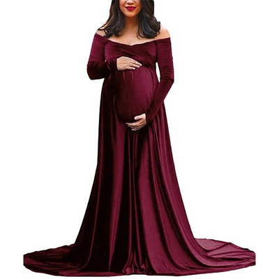 Baršunasta haljina za trudnice Ženska zimska haljina s dugim rukavima i bez ramena Ženski ogrtač Premama Maxi Večernje haljine za zabavu za fotografiranje