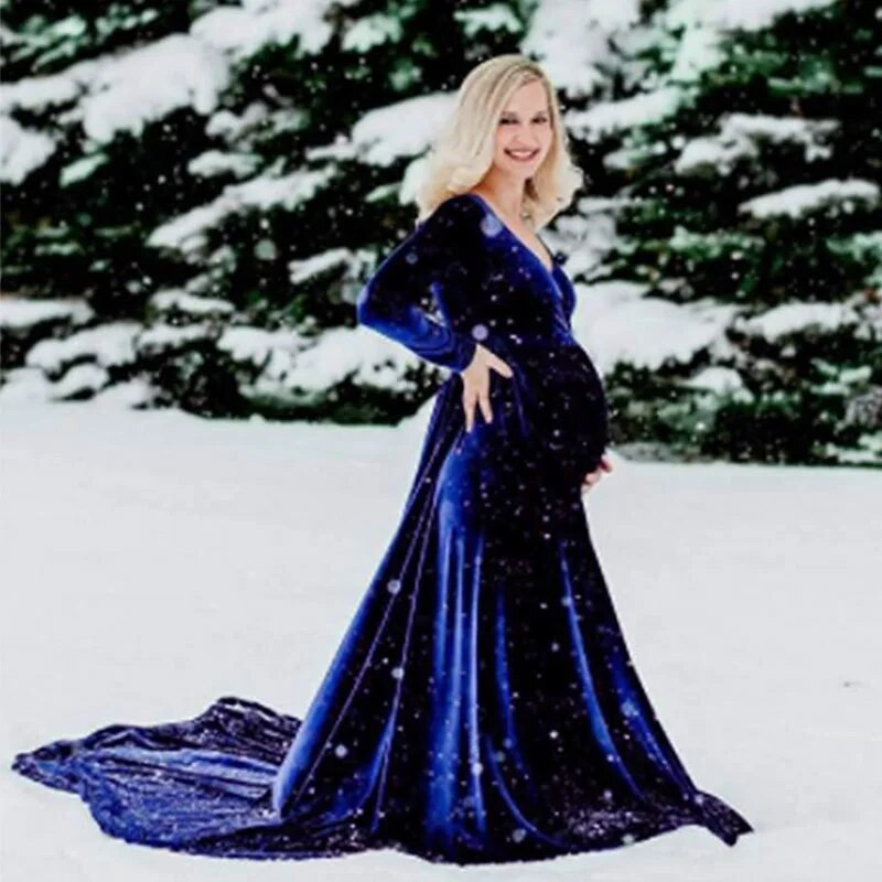 Baršunasta haljina za trudnice Ženska zimska haljina s dugim rukavima i bez ramena Ženski ogrtač Premama Maxi Večernje haljine za zabavu za fotografiranje