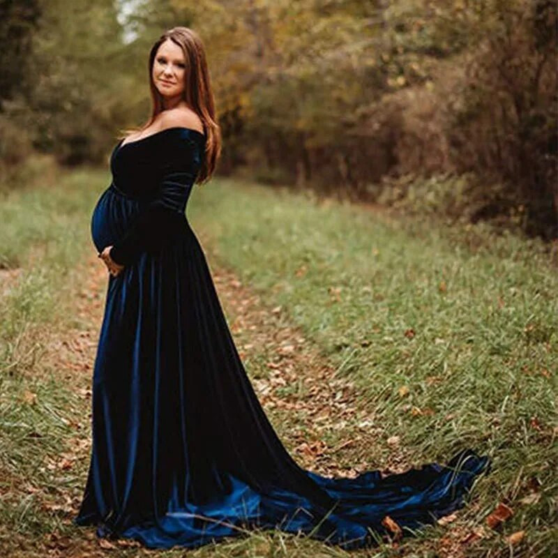 Baršunasta haljina za trudnice Ženska zimska haljina s dugim rukavima i bez ramena Ženski ogrtač Premama Maxi Večernje haljine za zabavu za fotografiranje