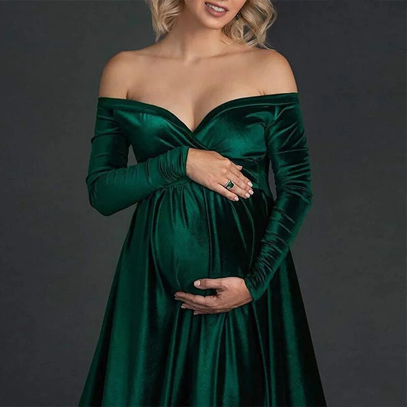 Baršunasta haljina za trudnice Ženska zimska haljina s dugim rukavima i bez ramena Ženski ogrtač Premama Maxi Večernje haljine za zabavu za fotografiranje