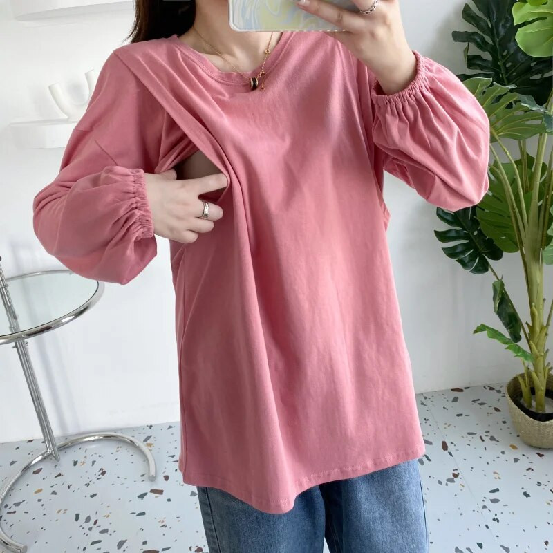 Lihtsad ühevärvilised laternavarrukad Pikad varrukad Beebi T-särk Imetavad asjad rasedatele Rasedatele Riided 9152