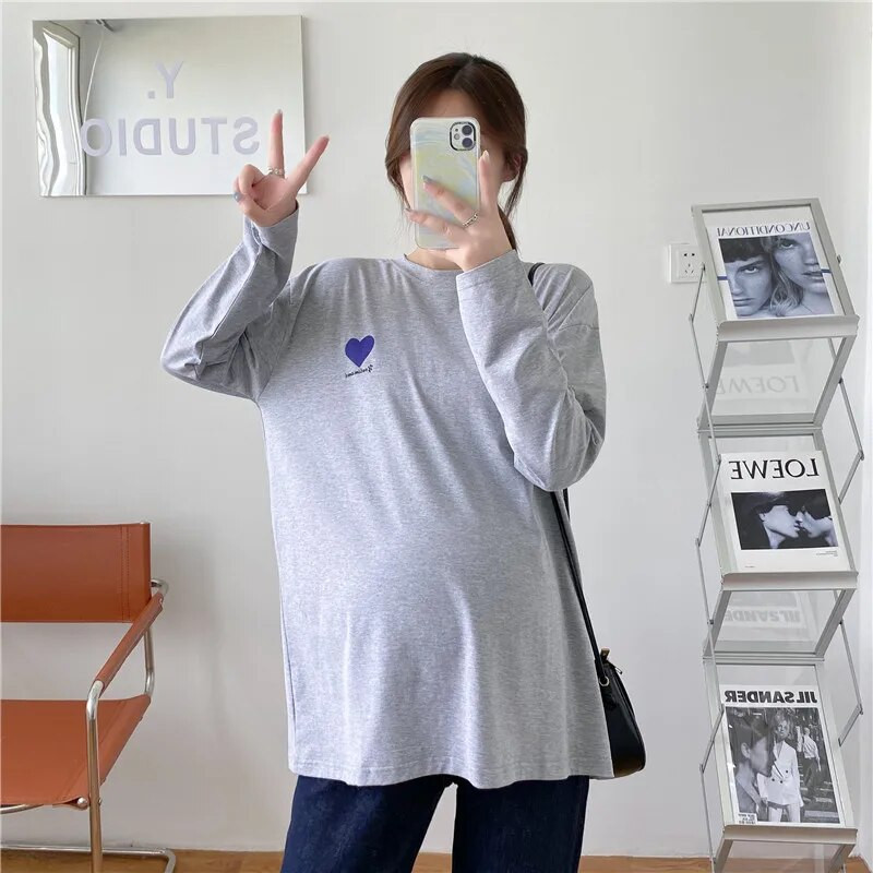 Top majica dugih rukava s ljubavnim printom Bluza s O-izrezom Pamuk Odjeća za dojenje Odjeća za trudnice 8562