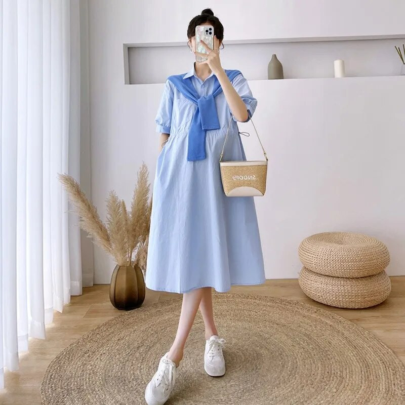Haljina za trudnice Ljetna korejska odjeća A kroja za trudnice Chic Haljina košulja Trudnički lažni plašt od dva dijela Slatka slatka haljina