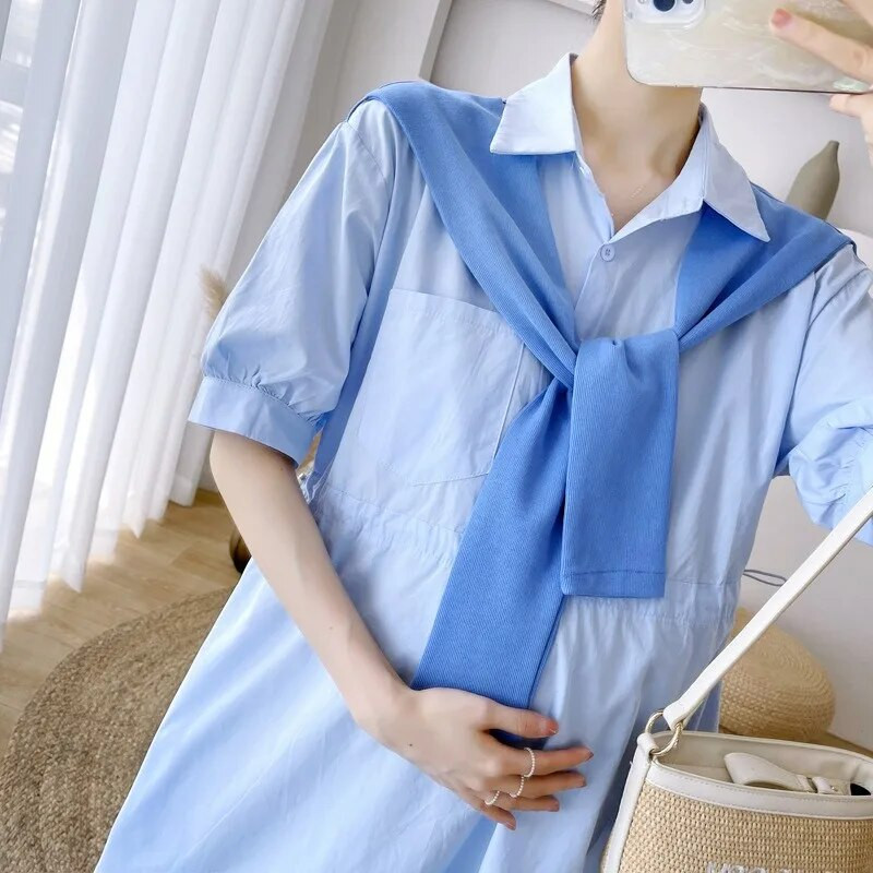 Haljina za trudnice Ljetna korejska odjeća A kroja za trudnice Chic Haljina košulja Trudnički lažni plašt od dva dijela Slatka slatka haljina