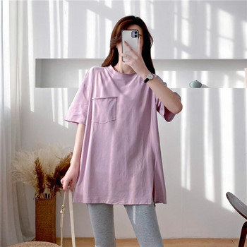 Μονόχρωμο βαμβακερό φαρδύ μπλουζάκι με κοντομάνικο διακοσμητικό τσέπης Είδη για έγκυες γυναίκες Ρούχα εγκυμοσύνης 9128P