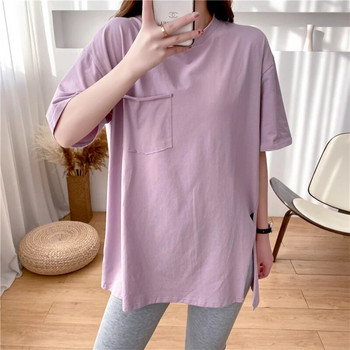 Едноцветна памучна широка тениска с джоб с къс ръкав Стоки за декорация за бременни жени Облекло за бременни 9128P