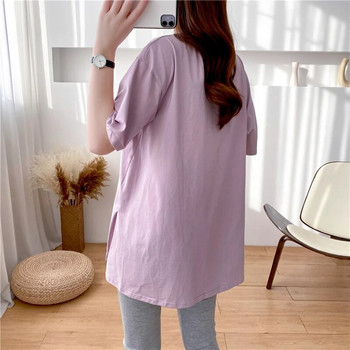 Едноцветна памучна широка тениска с джоб с къс ръкав Стоки за декорация за бременни жени Облекло за бременни 9128P