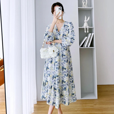 Proljetna trudnička haljina s V-izrezom Visoka struka Haljina za plažu za trudnice Modni printovi Široka trudnička blagdanska odjeća od šifona