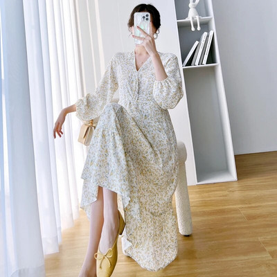 Proljetna trudnička haljina s V-izrezom Visoka struka Haljina za plažu za trudnice Modni printovi Široka trudnička blagdanska odjeća od šifona