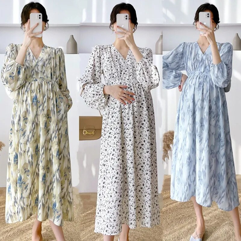 Proljetna trudnička haljina s V-izrezom Visoka struka Haljina za plažu za trudnice Modni printovi Široka trudnička blagdanska odjeća od šifona