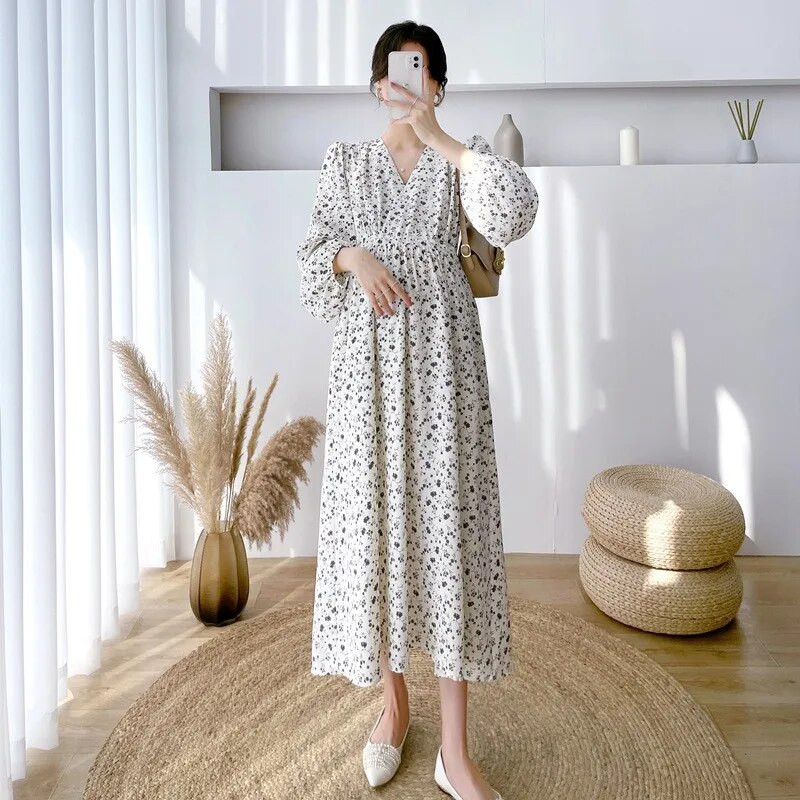 Proljetna trudnička haljina s V-izrezom Visoka struka Haljina za plažu za trudnice Modni printovi Široka trudnička blagdanska odjeća od šifona